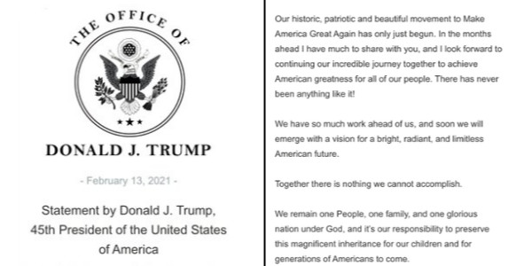 TRUMP statement after acquittal: “Our historic, patriotic and beautiful movement to Make America Great Again has only just begun.”…