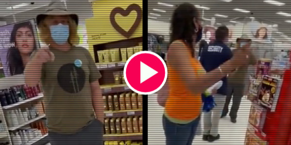 Masked Karen with an “I’m vaccinated” badge stalks unmasked Patriot in store…